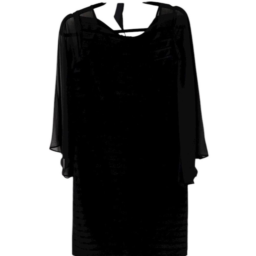 Adrienne Papell size 12 black tiered midi dress 3/4 semi sheer bell sleeves NWT